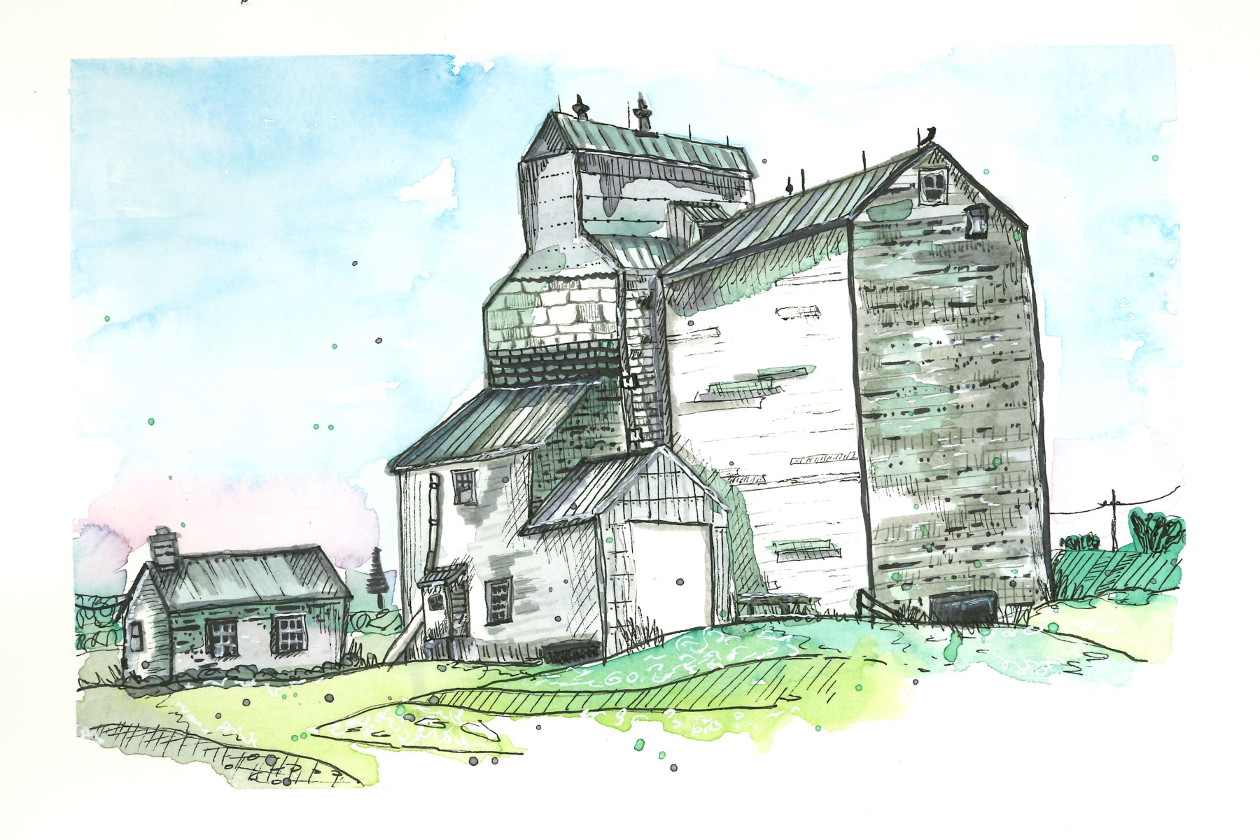 Urban sketch of the old grain elevator in Climax, Saskatchewan