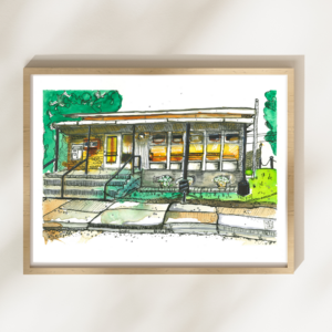 Print of an urban sketch of the Canada Post Office in Climax, Saskatchewan