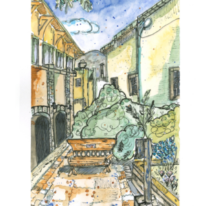 Urban sketch of an alley with a narrowing perspective that leads from a bench in the forefront to mountains at the end of the alley.