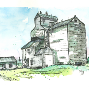 Urban sketch of old grain elevator in Climax, Saskatchewan.