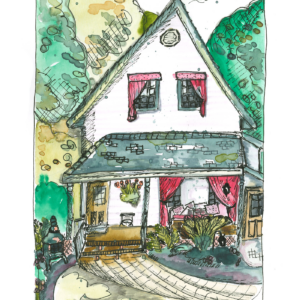 Urban sketch of a white house with porch and bright red curtains on the outside of the home, Chelsea, Quebec.