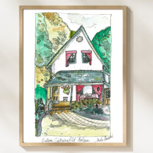 Print of an urban sketch of a quirky white house with red curtains on the outside of the home.